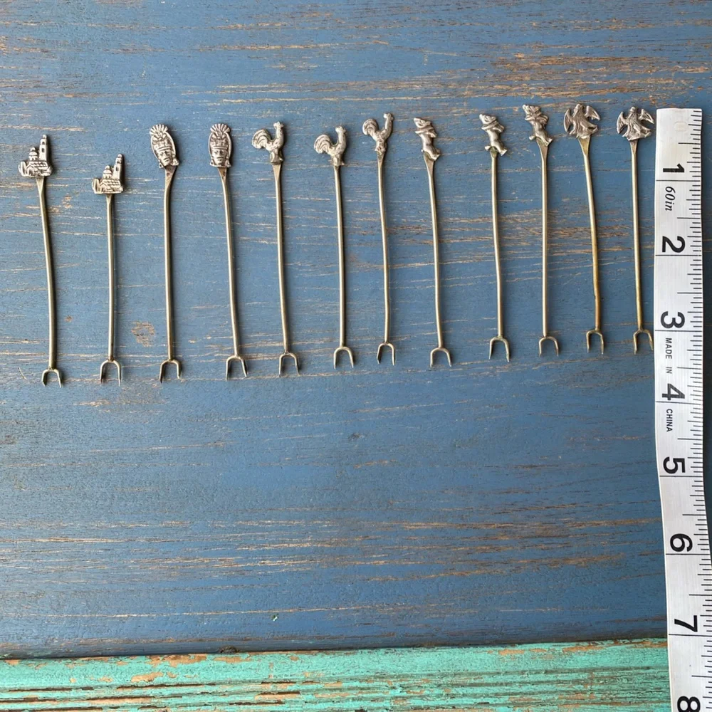 Vintage 12 Handmade Silver Themed hors d’oeuvre Serving Forks Roster Dog Ect.